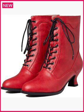 Victorian Ankle Boots Mid Calf Round Toe Chunky Heel Lace Up